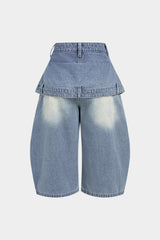 Denim Double Waistband High Waist Frayed Shorts