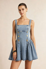 Denim Metallic Button Ruched Slip Sleeveless Mini Dress