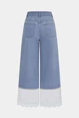Denim Patchwork Lace Trim Pocket Jeans