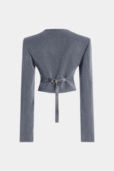 Diamond Print Zipper Belted Long-Sleeve Top