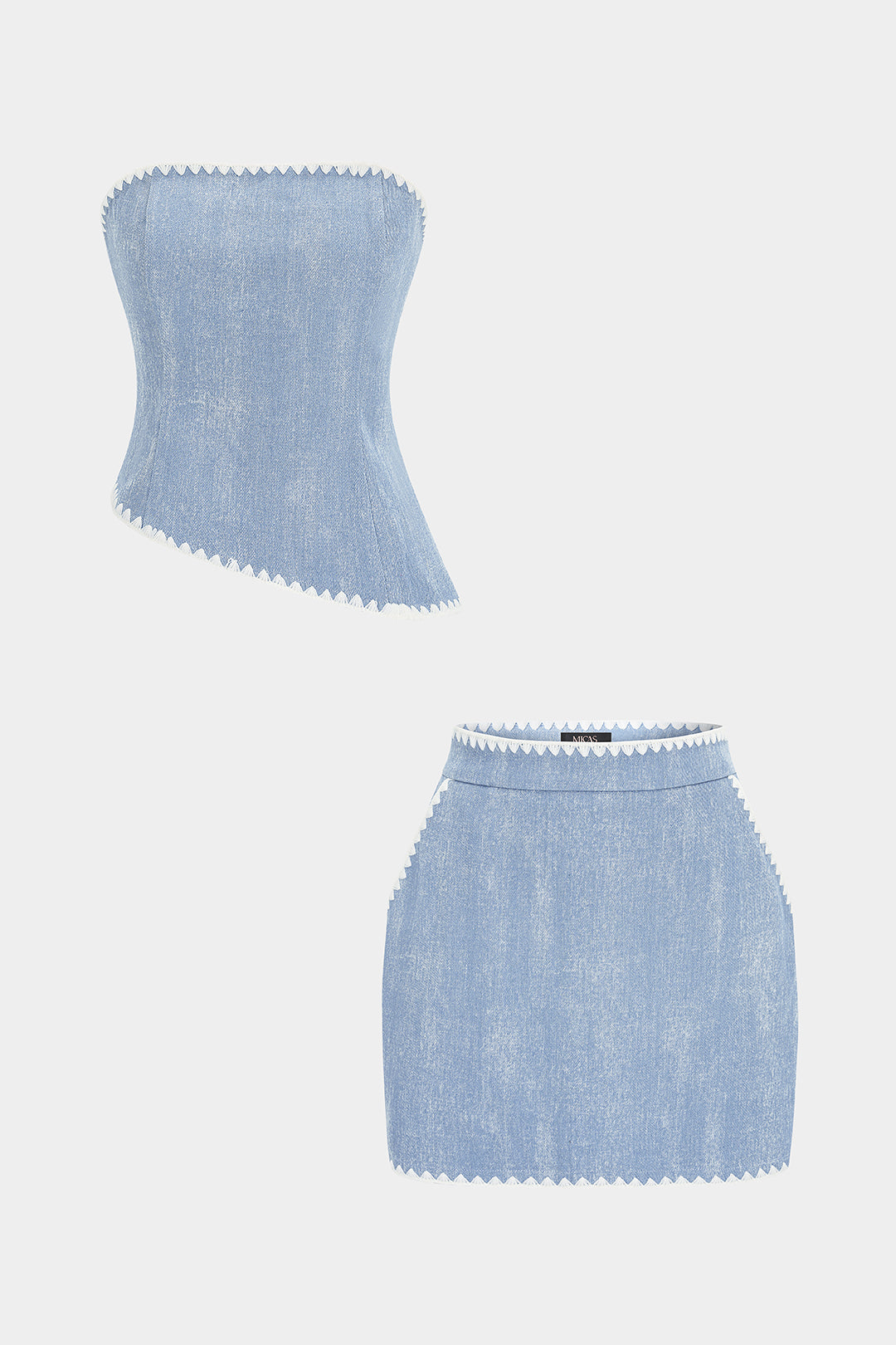 Denim Contrast Whipstitching Asymmetrical Hem Tube Top And Pocket Skirt Set