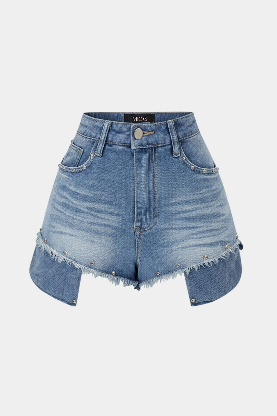 Denim Studded Pocket Frayed High Waist Shorts
