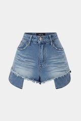 Denim Studded Pocket Frayed High Waist Shorts