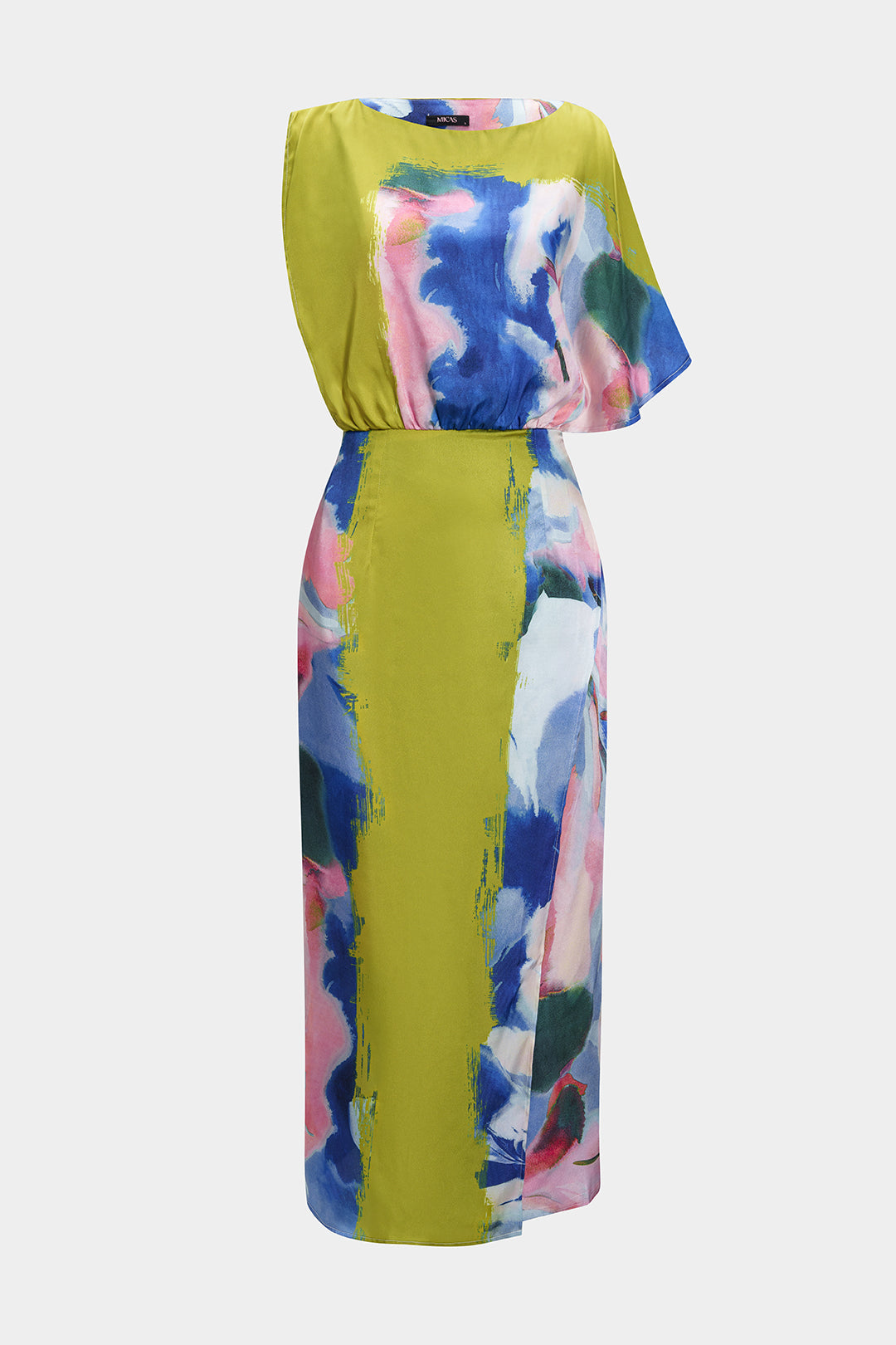 Abstract Print Satin Asymmetrical Short-Sleeve Maxi Dress