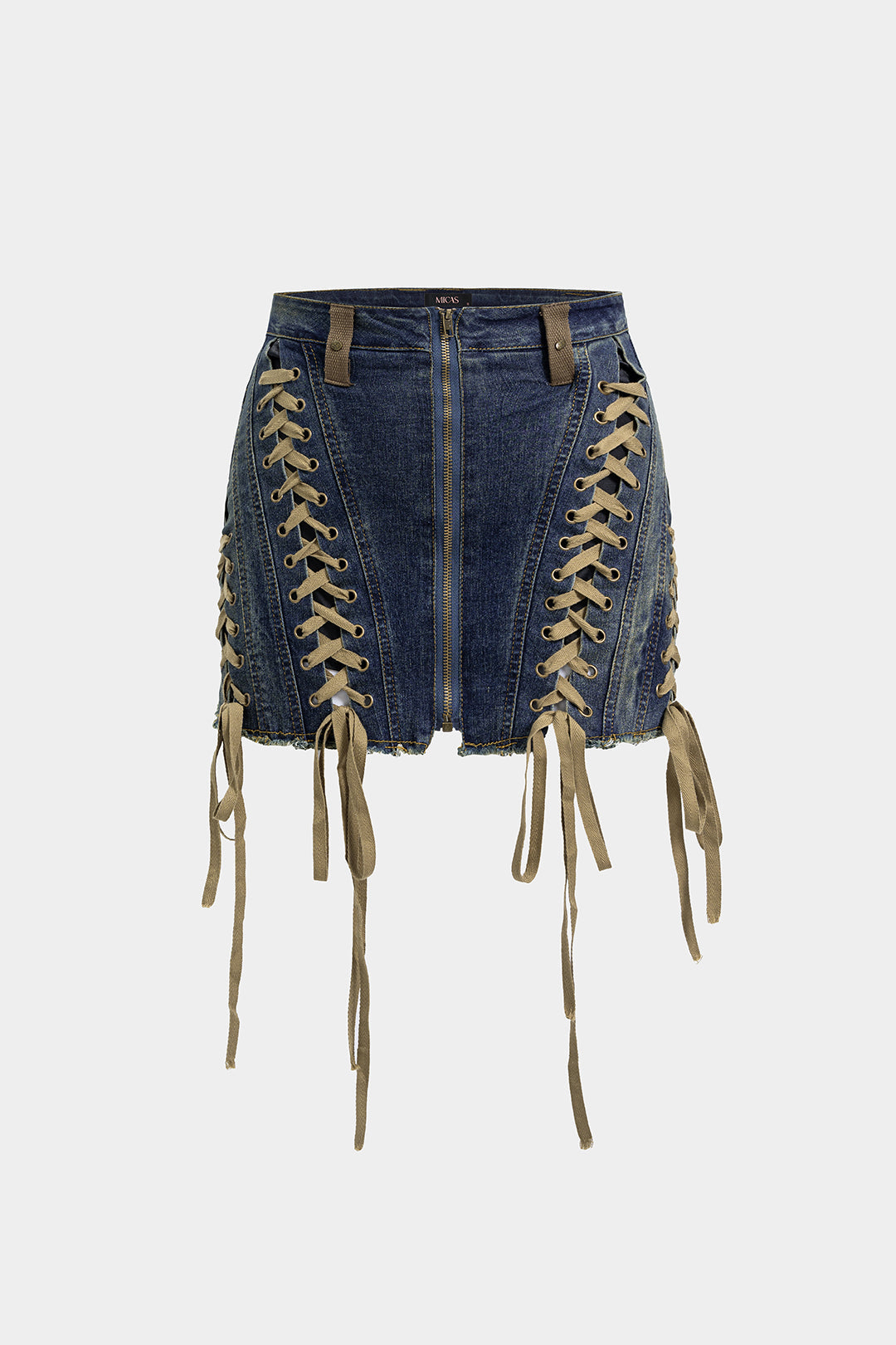 Denim Zipper Strappy High Waist Skirt