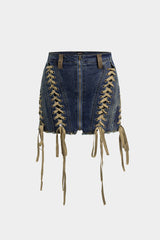 Denim Zipper Strappy High Waist Skirt