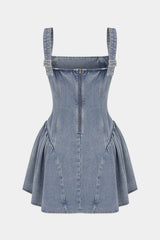 Denim Metallic Button Ruched Slip Sleeveless Mini Dress