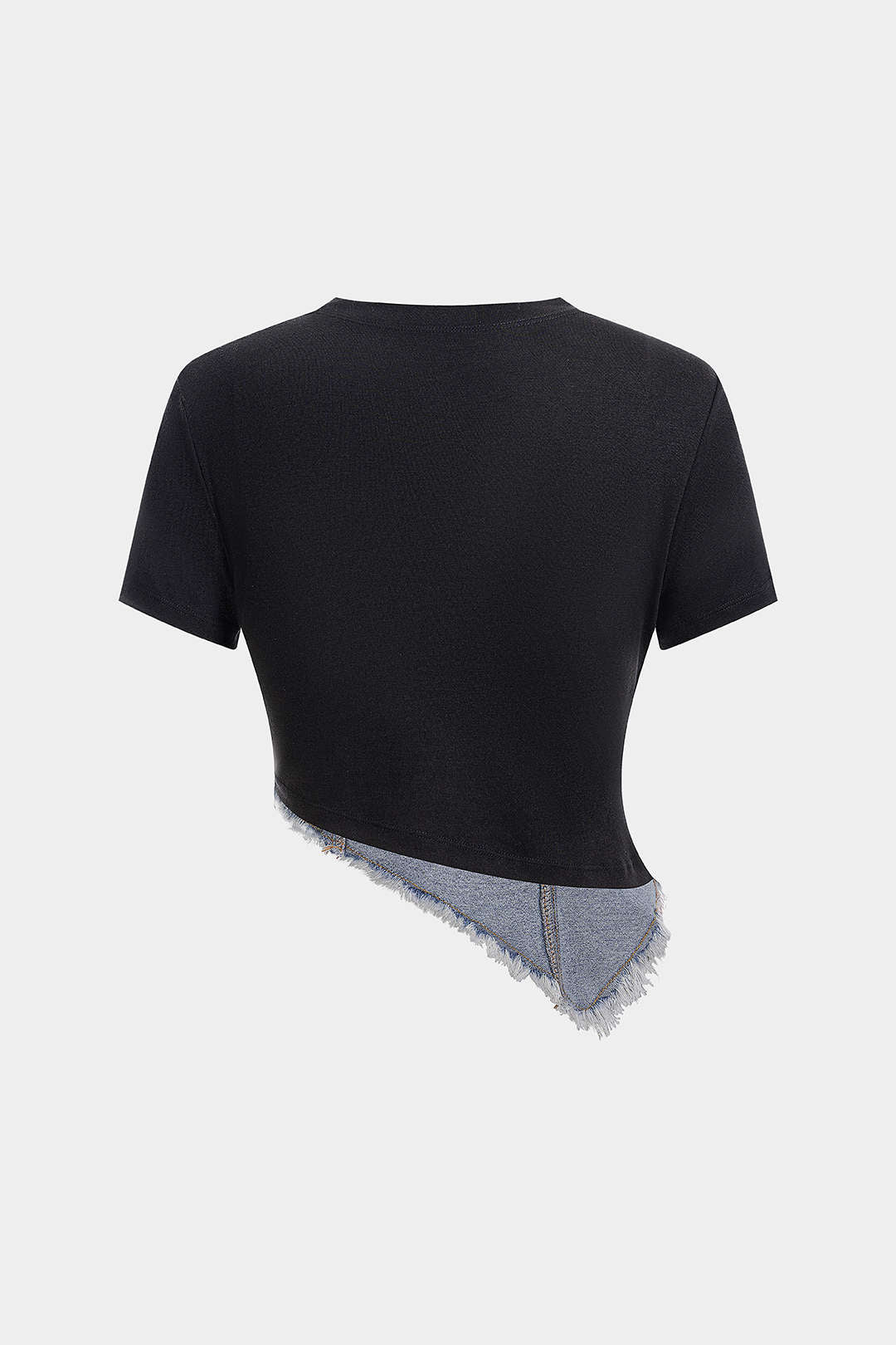 Denim Patchwork Round Neck Asymmetrical Hem Short Sleeve T-Shirt