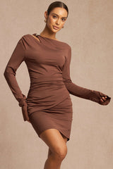 Asymmetrical Neck Ruched Long Sleeve Mini Dress
