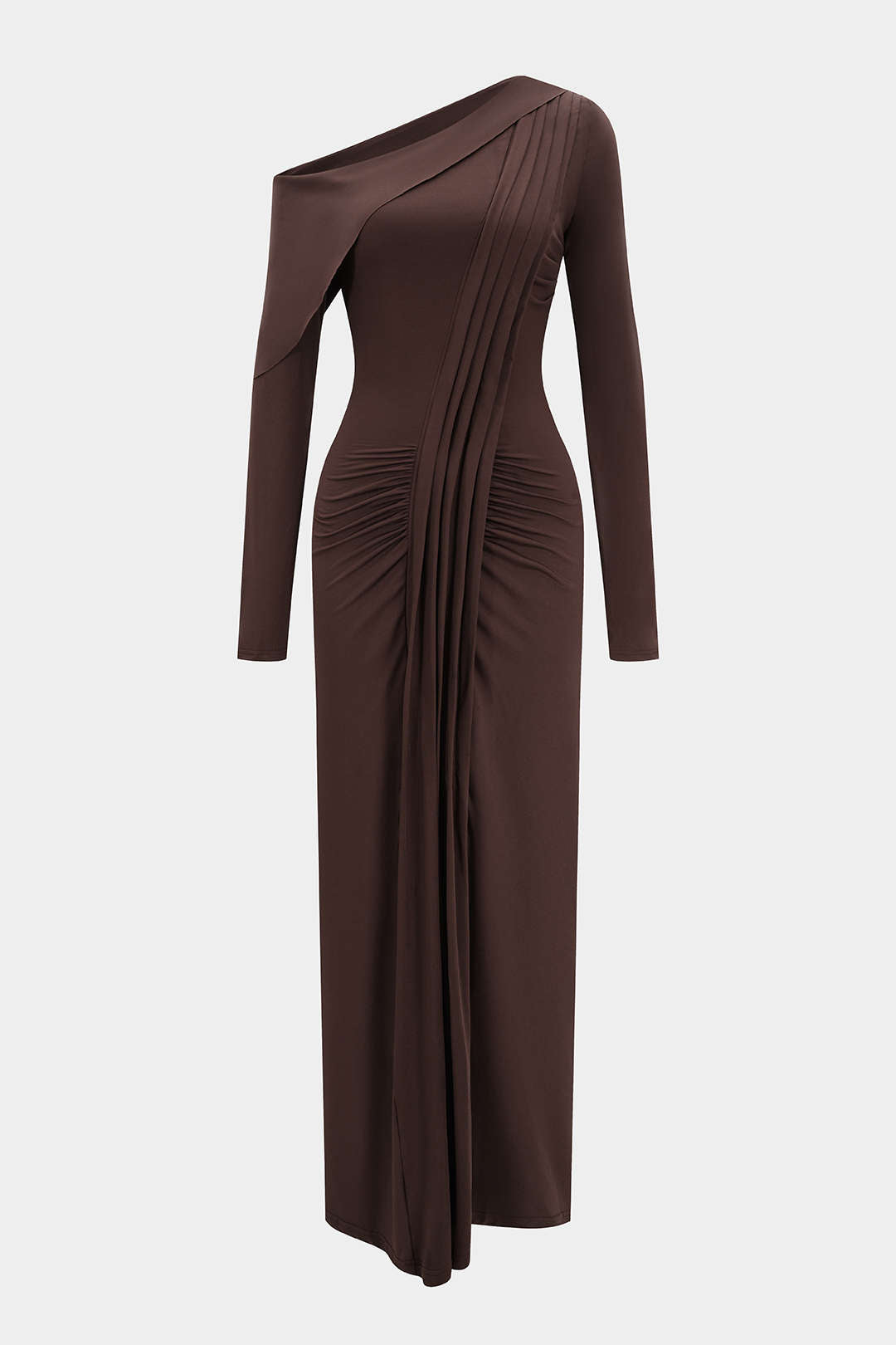 Asymmetrical Neck Ruched Long-Sleeve Maxi Dress