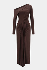 Asymmetrical Neck Ruched Long-Sleeve Maxi Dress
