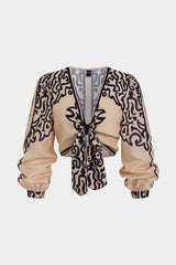 Contrast Geometric Print V-Neck Tie Front Long Sleeve Top