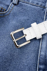 Denim Patchwork Lace Belted High Waist Skirt