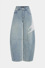 Denim Feather Pearls Decor Wide Leg Jeans