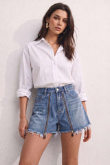 Denim Frayed Zipper Pocket Shorts