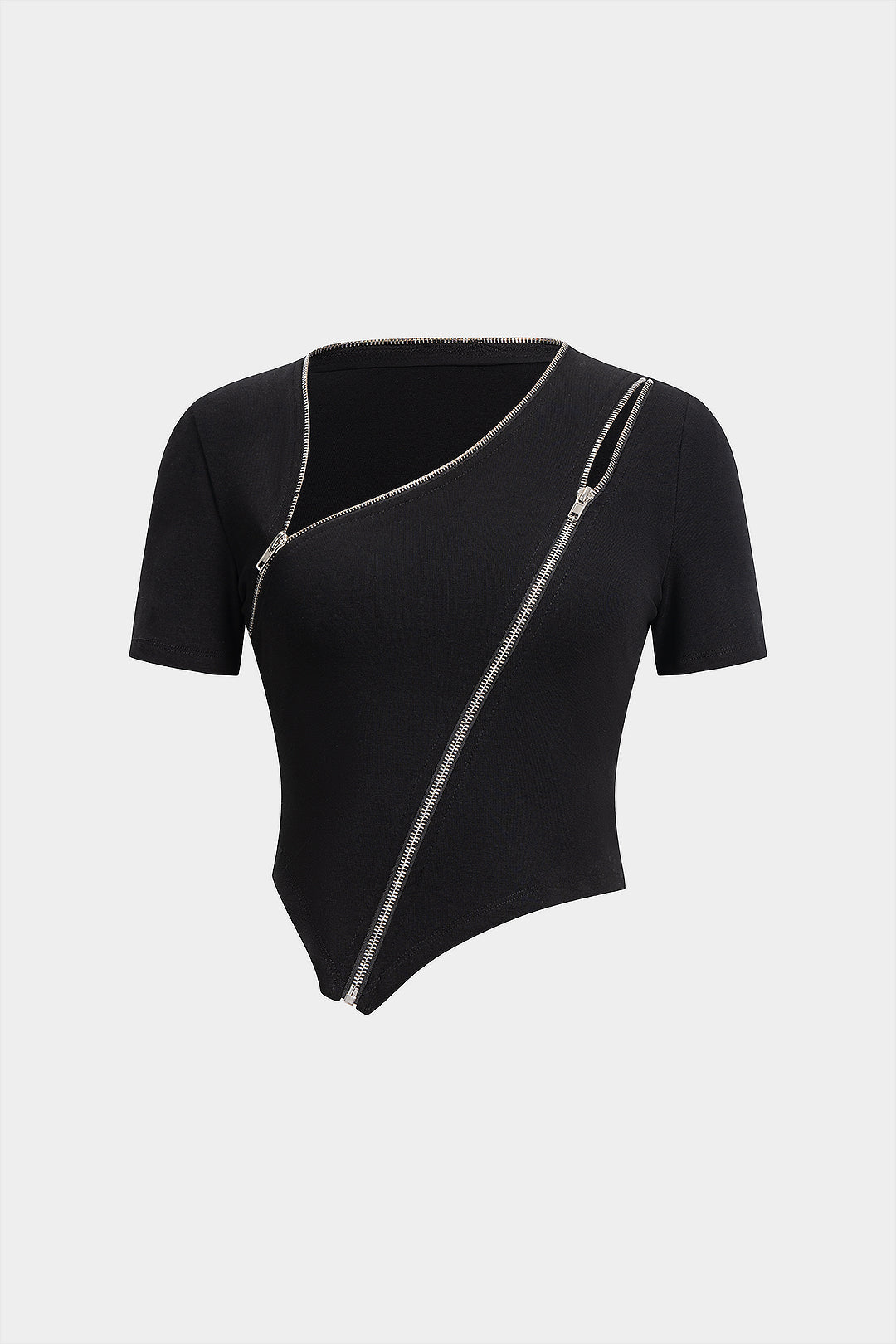 Asymmetrical Zipper Round Neck Short-Sleeve Top