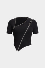 Asymmetrical Zipper Round Neck Short-Sleeve Top