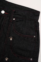 Denim Pocket Button Metallic Straight Leg Jeans