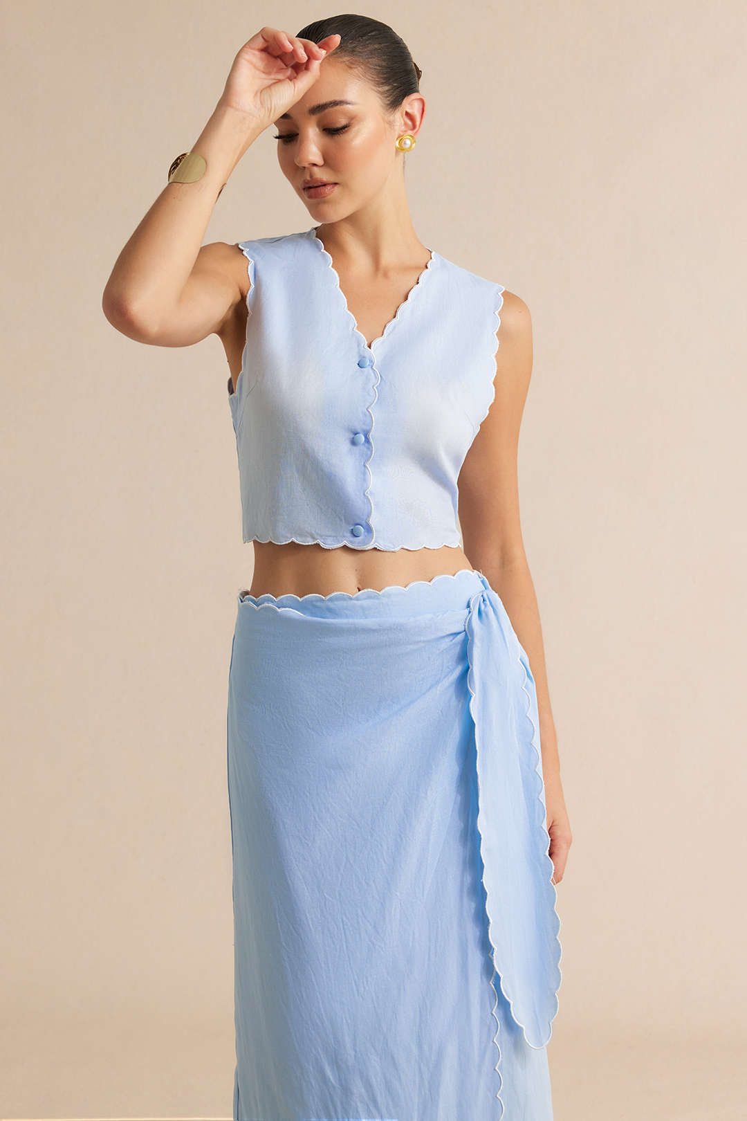 Contrast Whipstitching Linen Button Tank Top