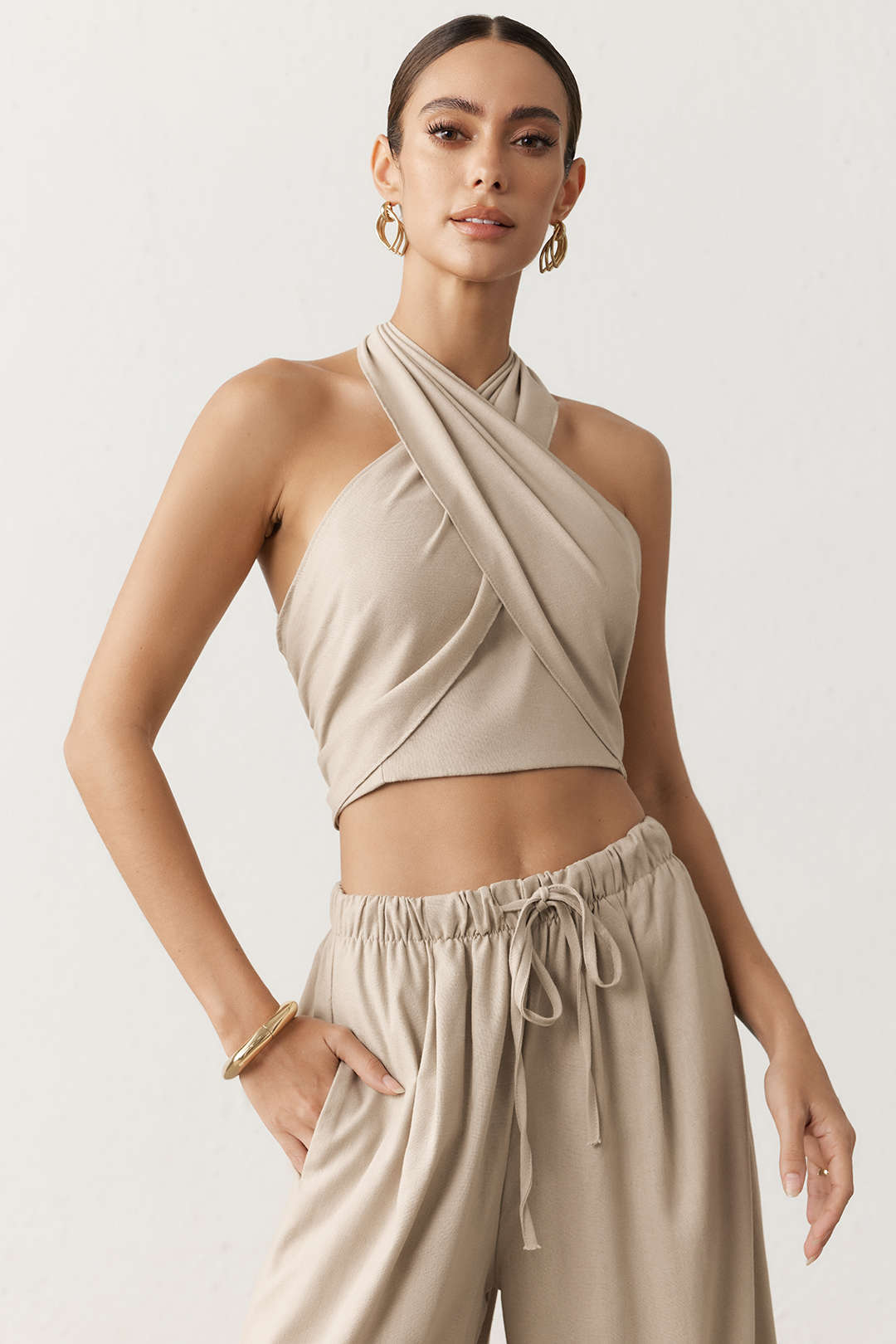 Crossed Halter Neck Ruched Tie-Up Top And Straight Leg Pants Set