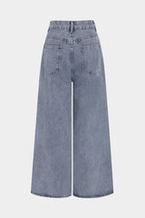 Denim Patchwork Lace Cut Out Frayed Wide Leg Jeans