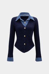 Cable Knit Patchwork Button Long-Sleeve Top