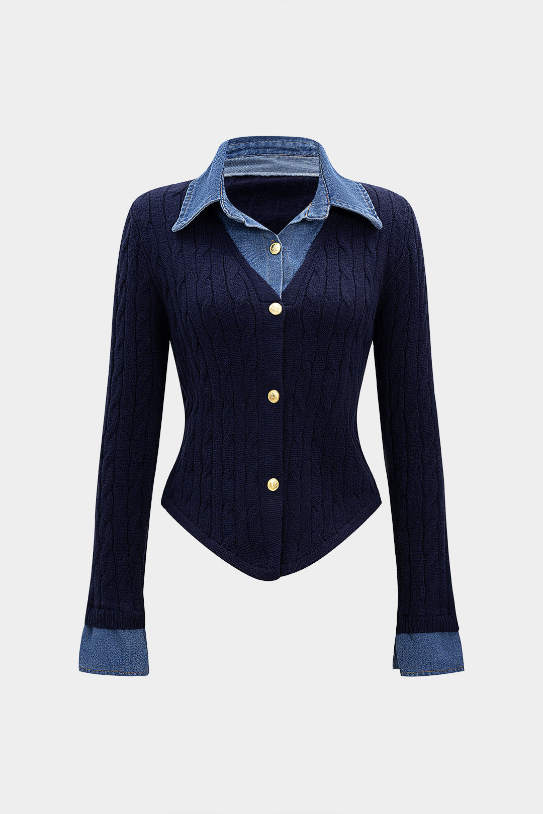Cable Knit Patchwork Button Long-Sleeve Top