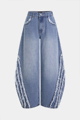 Denim Frayed Wide Leg Jeans