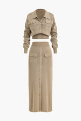 Cropped Button-Up Knit Top And Maxi Skirt Set