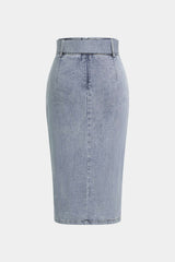 Denim Belted Button High Waist Skirt