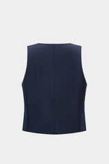 Contrast Pocket Round Neck Metallic Button Tank Top