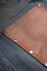 Denim Patchwork Faux Leather Pocket Wide Leg Shorts