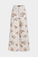 Denim Floral Print High Waist Straight Leg Jeans