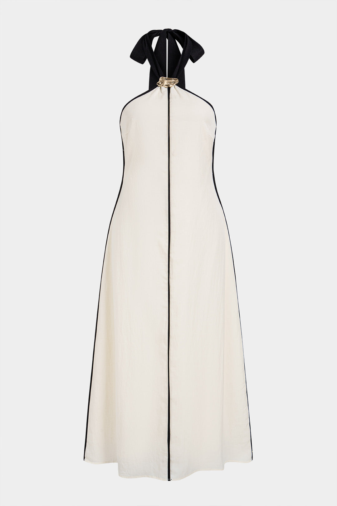 Contrast Trim Linen Halter Neck Tie Back Metallic Sleeveless  Maxi Dress