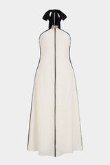 Contrast Trim Linen Halter Neck Tie Back Metallic Sleeveless  Maxi Dress