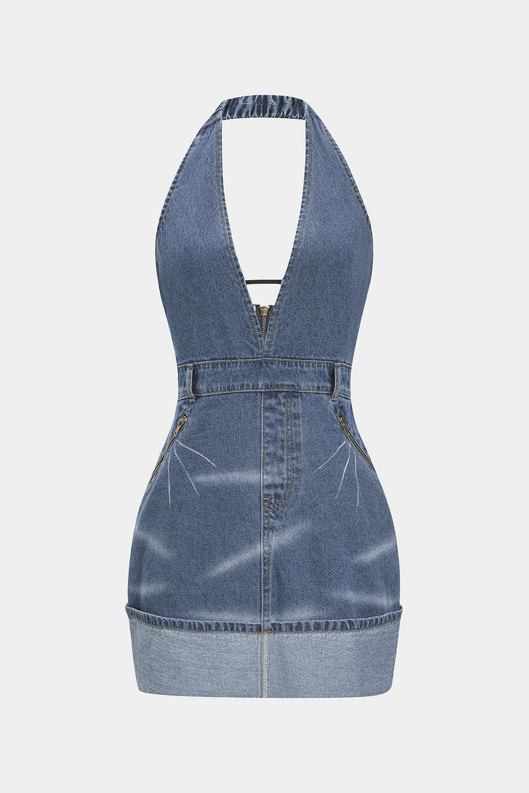 Denim Backless Washed Zipper Halter Mini Dress
