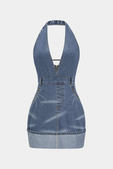 Denim Backless Washed Zipper Halter Mini Dress