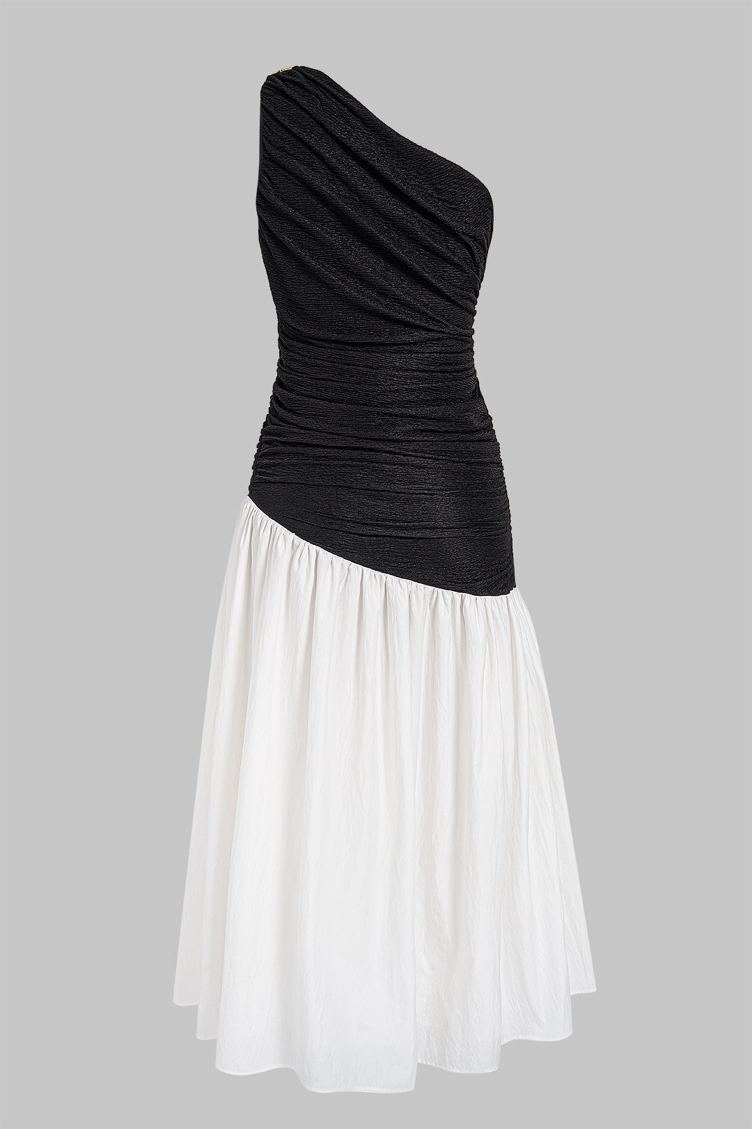 Contrast One Shoulder Metallic Ruched Sleeveless Maxi Dress