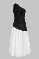 Contrast One Shoulder Metallic Ruched Sleeveless Maxi Dress