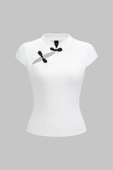 Contrast Frog Button Cut Out Short Sleeve T-Shirt