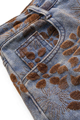 Denim Floral Print High-Waist Pocket Jeans