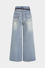 Denim High Waist Asymmetrical Belted Wide Leg Jeans