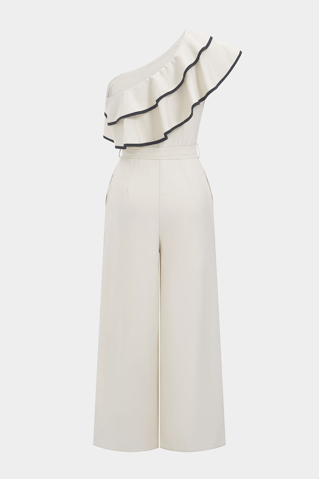 Contrast Binding One Shoulder Ruffle Belted Sleeveless Jumpsuit