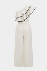 Contrast Binding One Shoulder Ruffle Belted Sleeveless Jumpsuit