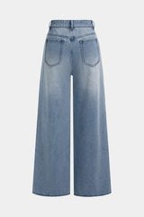 Denim Lace Print Pocket Straight Leg Jeans