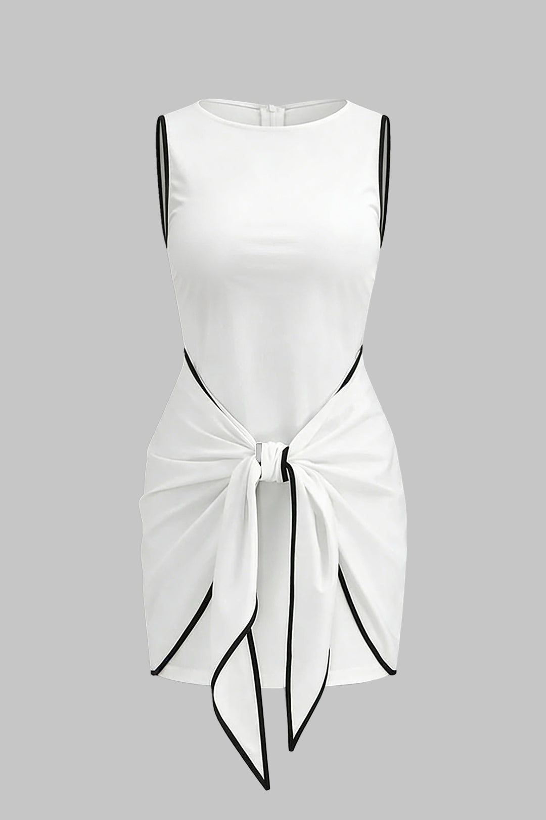 Contrast Binding Round Neck Tie Front Sleeveless Mini Dress