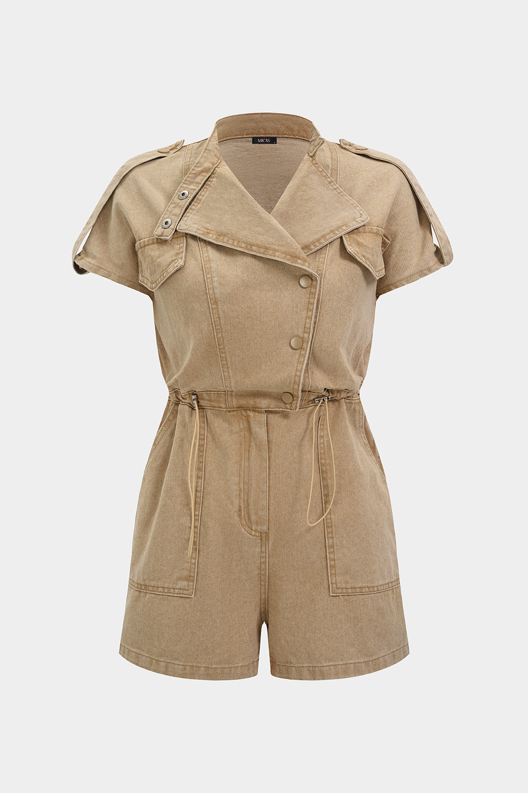 Denim Lapel Button Pocket Drawstring Short Sleeve Romper