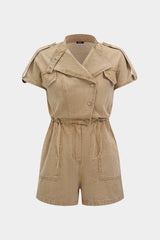Denim Lapel Button Pocket Drawstring Short Sleeve Romper