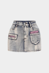 Denim Zipper Patchwork Washed Skirt