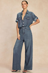 Denim Lapel Short Sleeve Straight Leg Jumpsuit